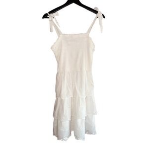Sincerely Jules White Cotton Eyelet Smocked Tiered Tie Shoulder Mini Dress M